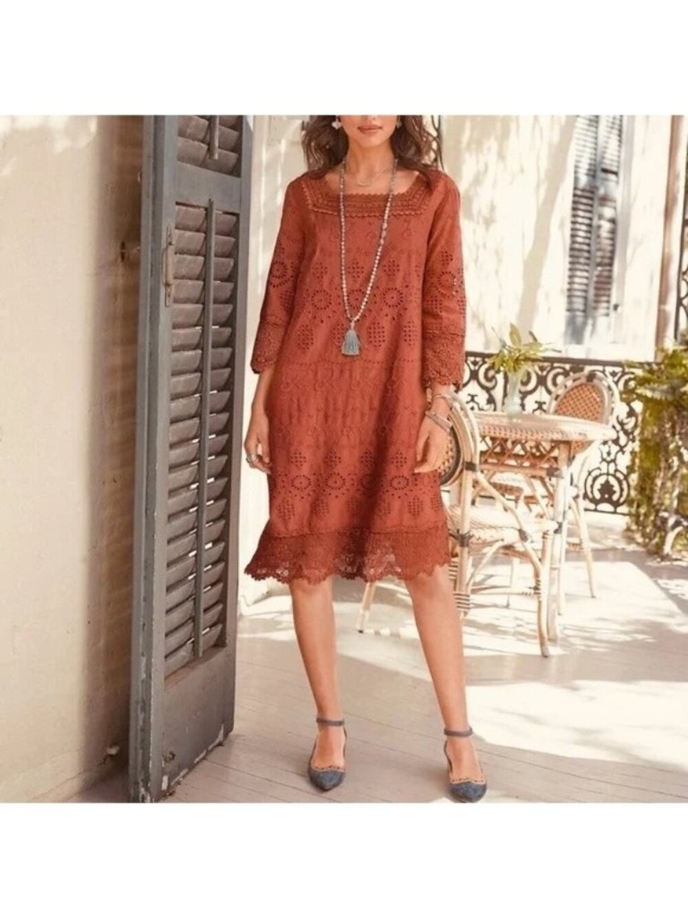 Sundance Ellison Burnt Orange Embroidered Eyelet Shift Dress Sz Small